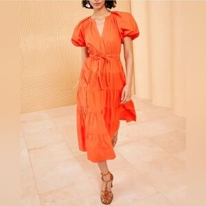 Ulla Johnson Olina Tiered Puff Sleeve 100% Cotton Orange Poplin Midi Dress Sz 2